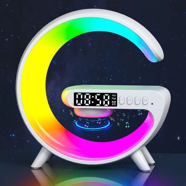 "G63 RGB Bluetooth Speaker – 10W Wireless Charging, LED Night Light, Alarm Clock & Desk Lamp."